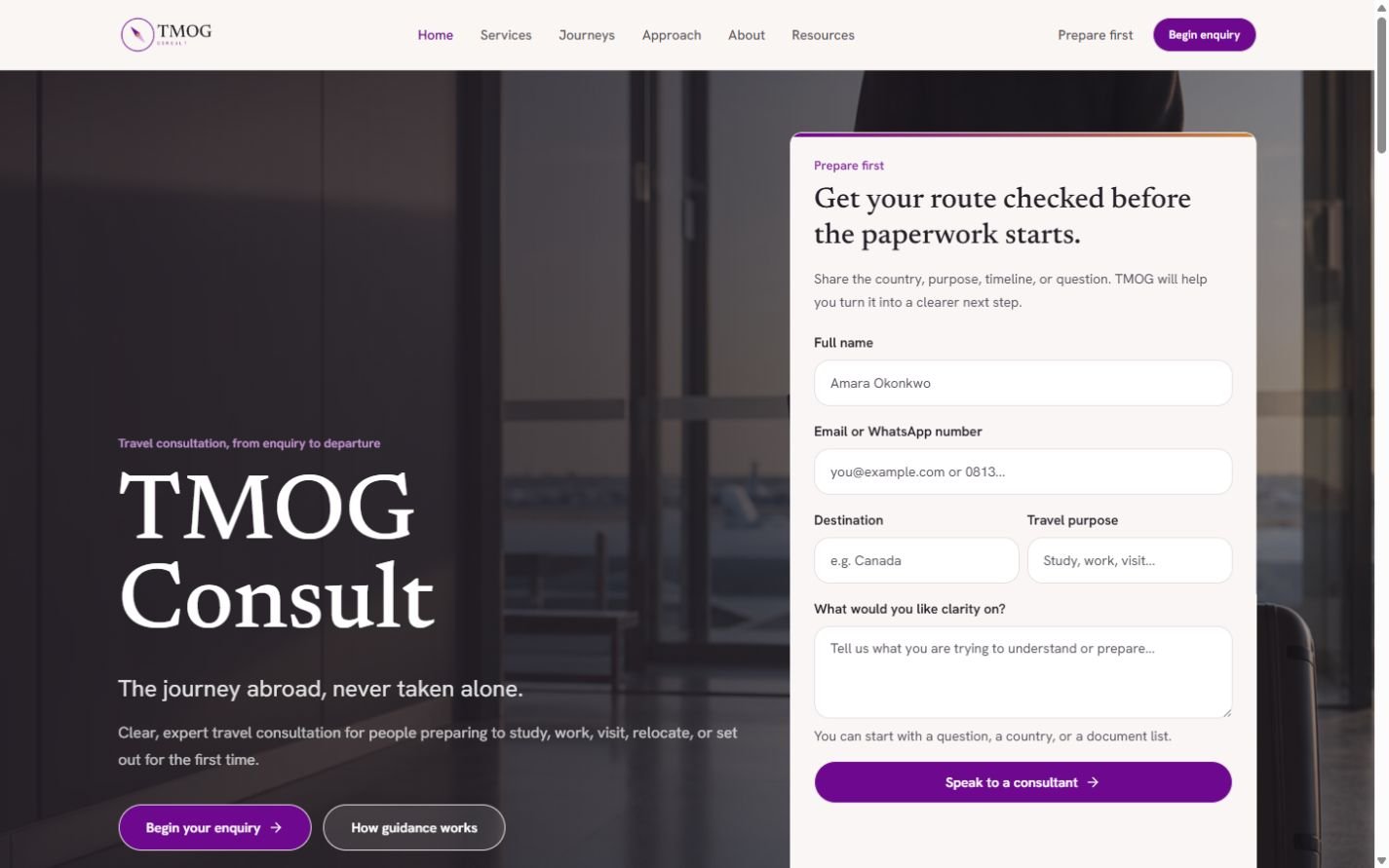 TMOG Consult travel consultancy homepage